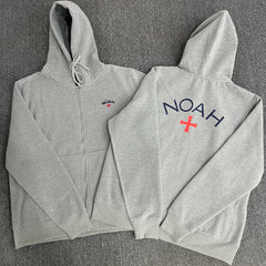 NOAH MARS Men Grey Zip Cardigan Hoodie Chest Cross Embroidery Logo