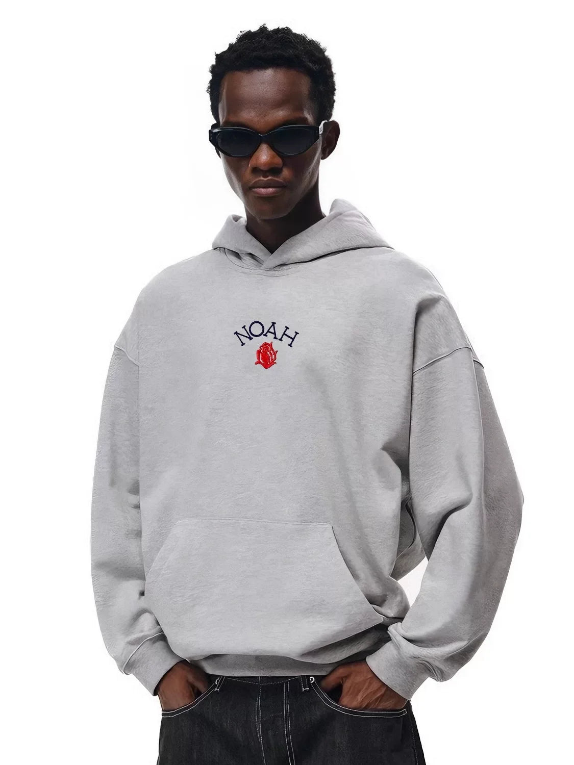 NOAH MARS Men Heavyweight Thread Splice Hoodie Tiny Rose Embroidery